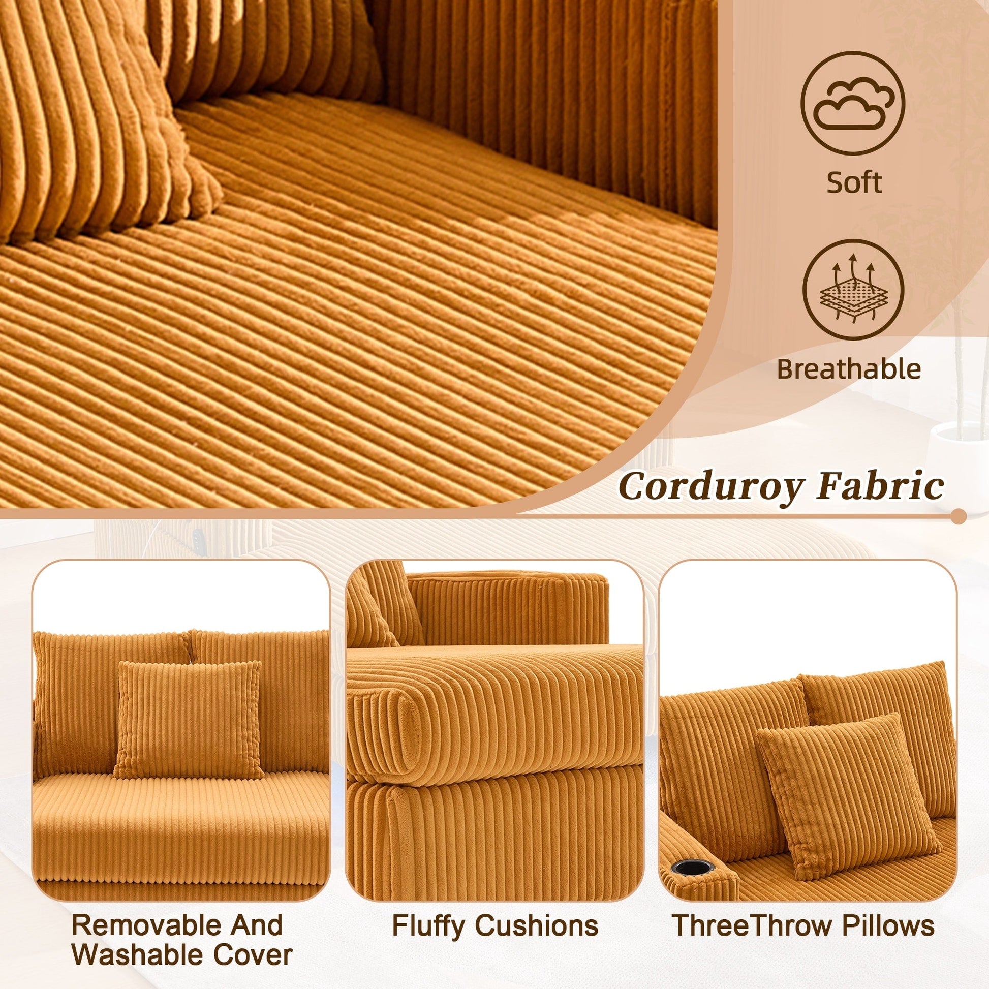 HOMEFUN Corduroy Upholstered Oversized RGB LED Light Recliner Sofa Bed with Cup Holder,USB&3 Pillows