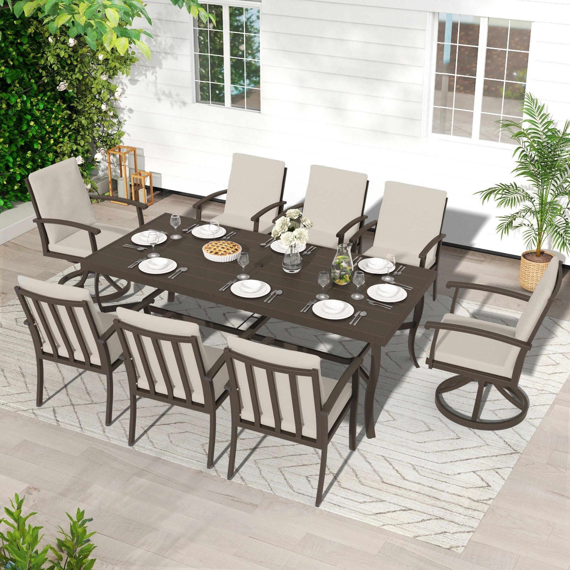 EGEIROS LIFE AluLux 9-Piece Aluminum Patio Dining Set with 2 Swivel Dining Chairs, 6 Dining Chairs and Washable Cushions