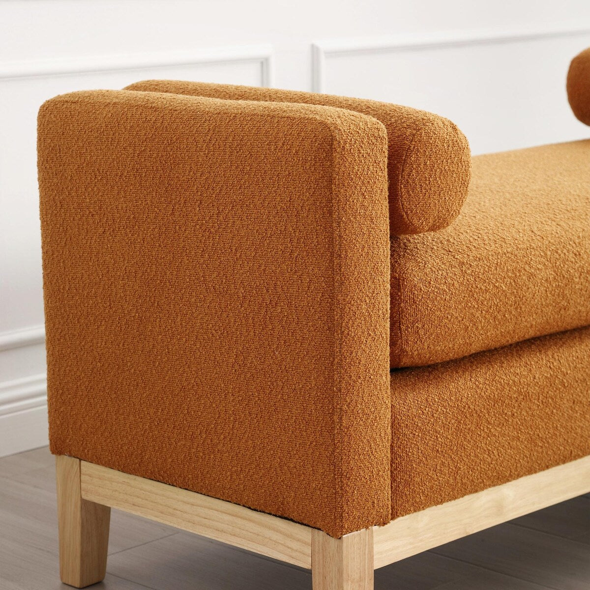 Elegant 53.5 Upholstered Ottoman Bench with Wood Legs & Bolster Pillows