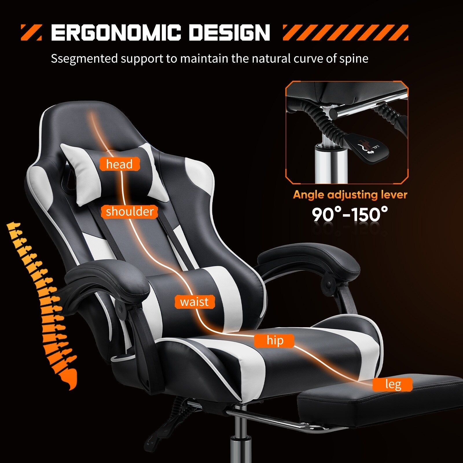 Ergonomic PU Leather 360° Swivel Gaming Recliner with Footrest, Headrest, Lumbar Support, Adjustable Height