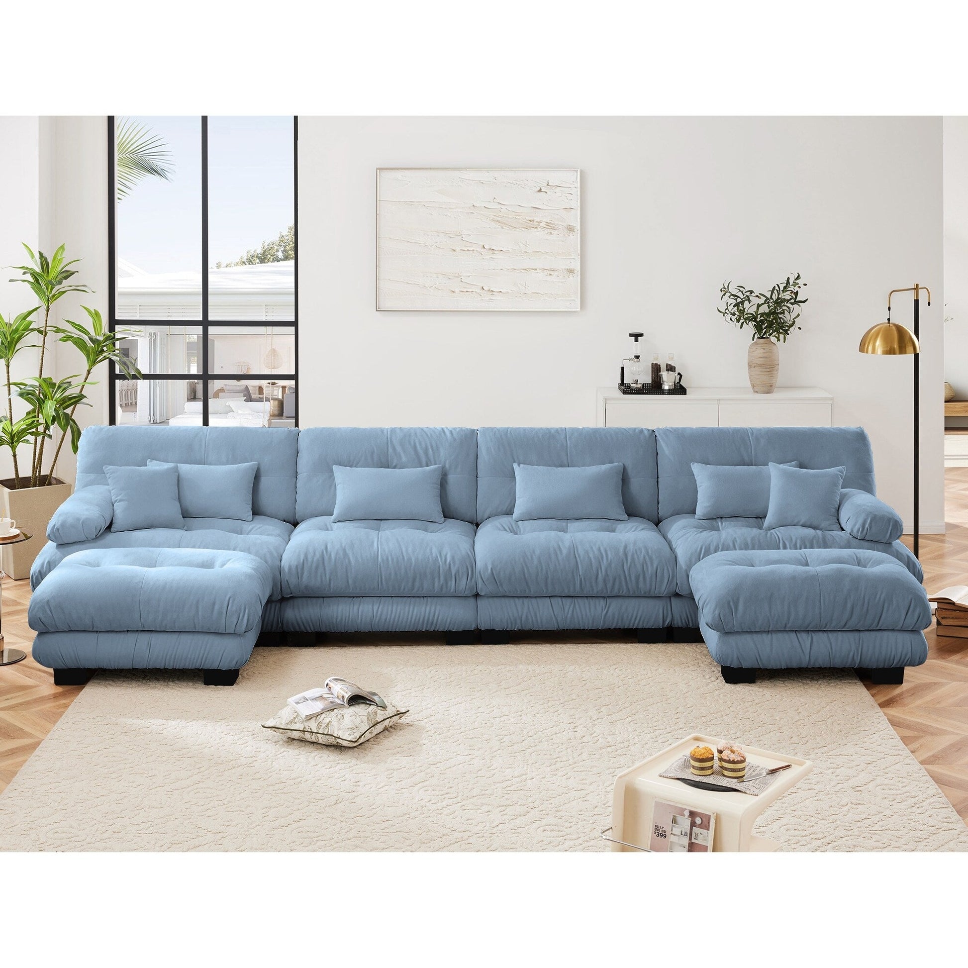 Free Combination Modular Chenille 4-Seater Sectional Sofa with 2 Ottomans and Pillow for Living Room
