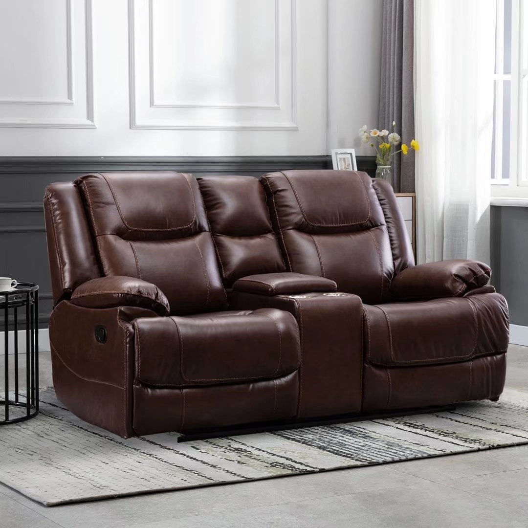 Genuine Leather Mid-century Modern Style Manual Recliners Sofa Set