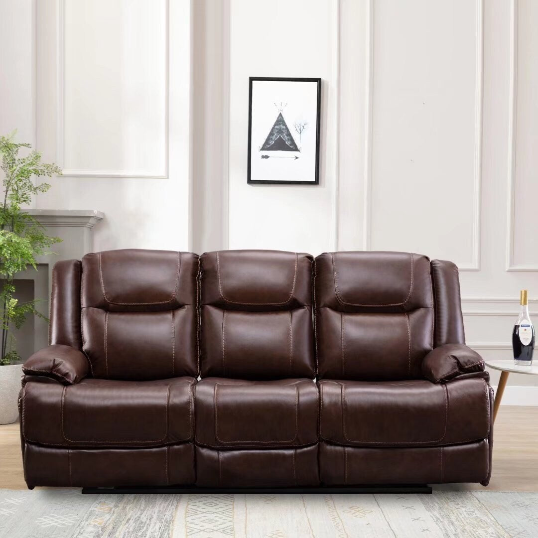 Genuine Leather Mid-century Modern Style Manual Recliners Sofa Set