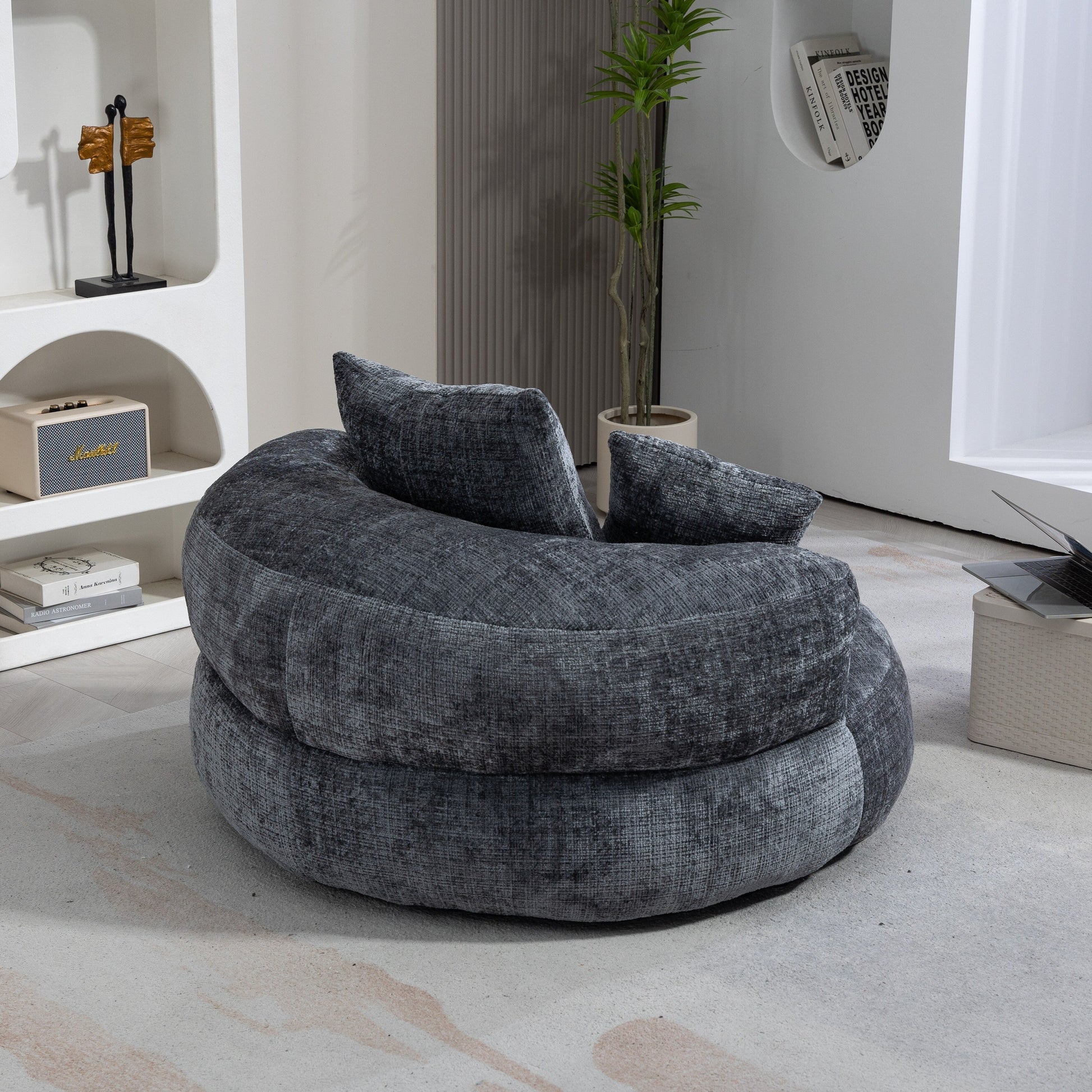 Gray Oversized 42.52 Chenille Lazy Bean Bag Single Sofa with Three Pillows for Bedroom