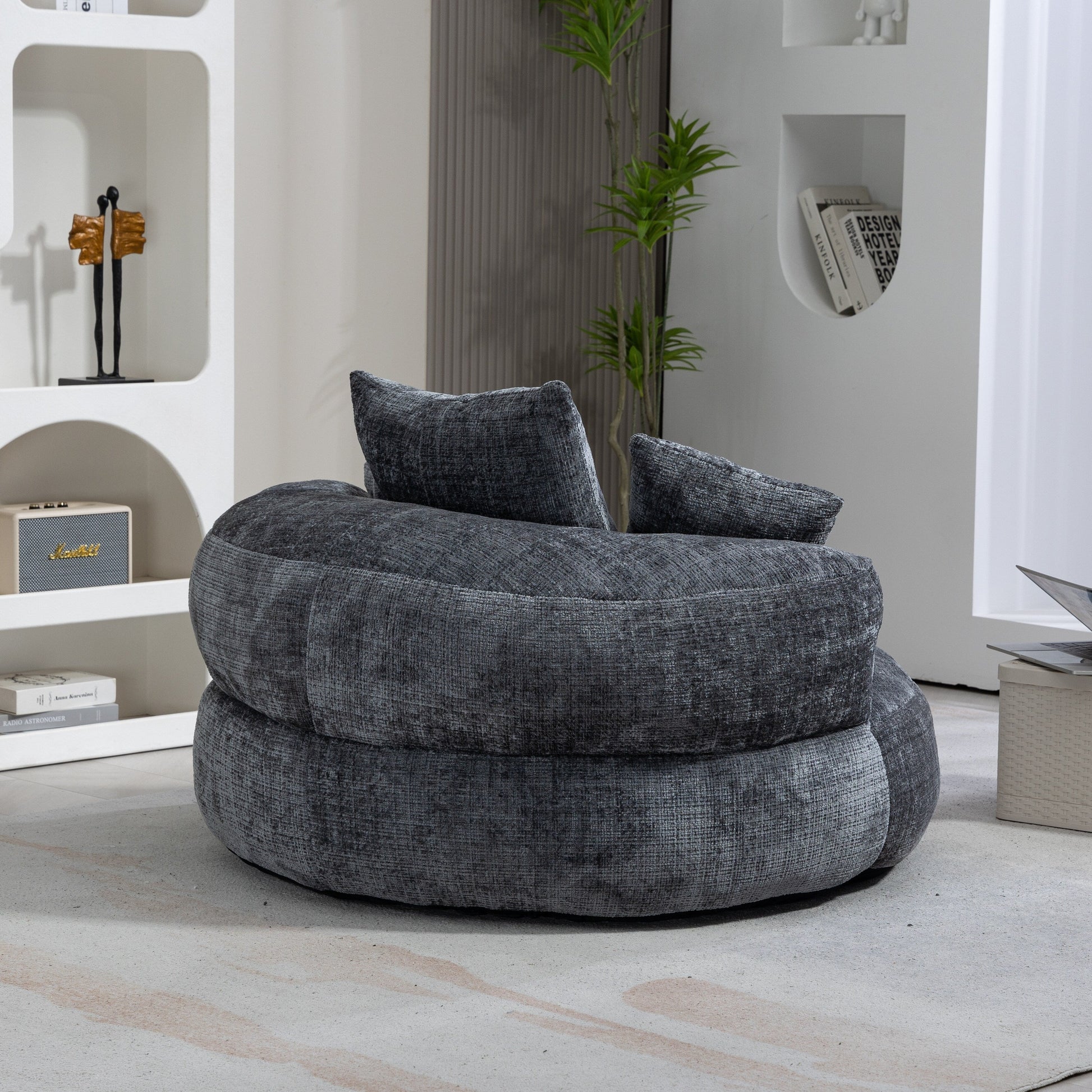 Gray Oversized 42.52 Chenille Lazy Bean Bag Single Sofa with Three Pillows for Bedroom