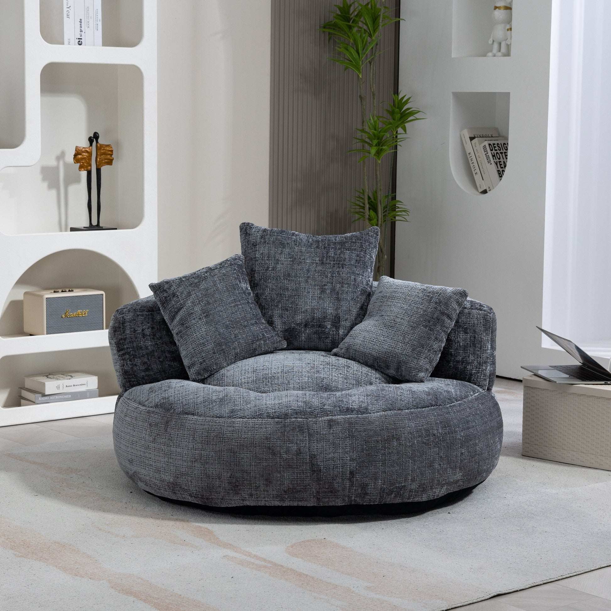 Gray Oversized 42.52 Chenille Lazy Bean Bag Single Sofa with Three Pillows for Bedroom