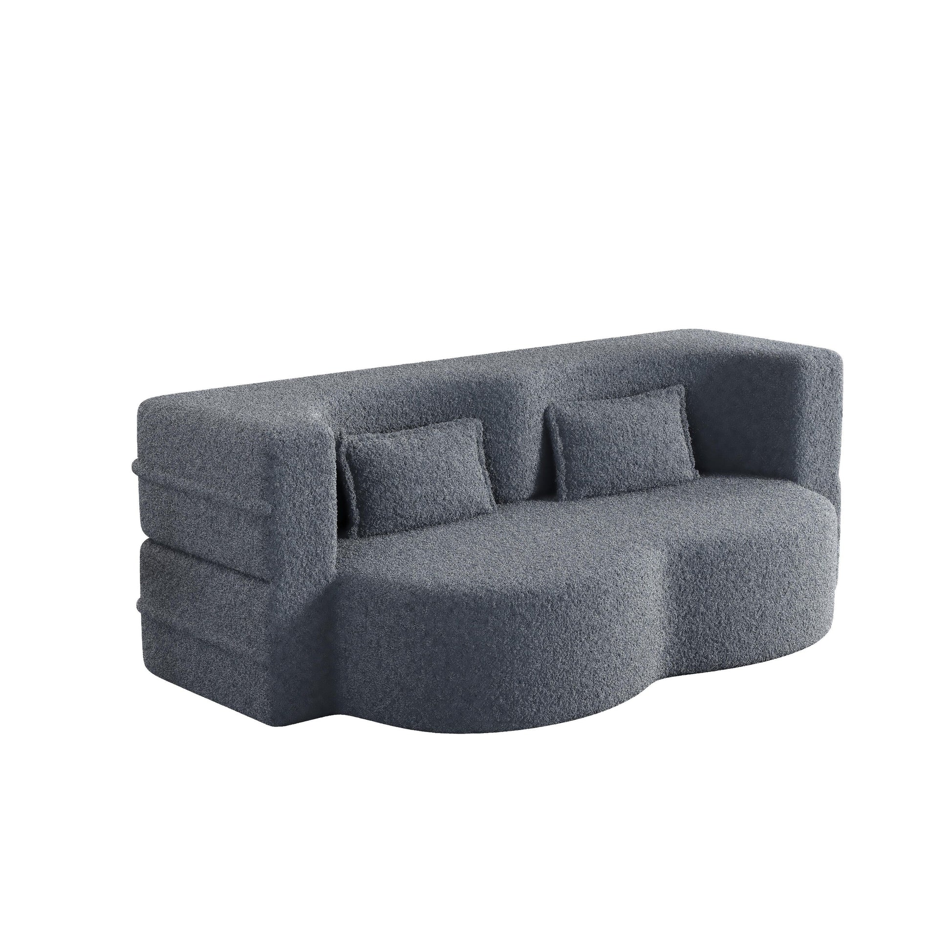 Grey 78 Convertible Teddy Fabric Loveseat Foam-Filled Floor Sofa Bed with 2 Pillows and Folding Mattress for Living Room