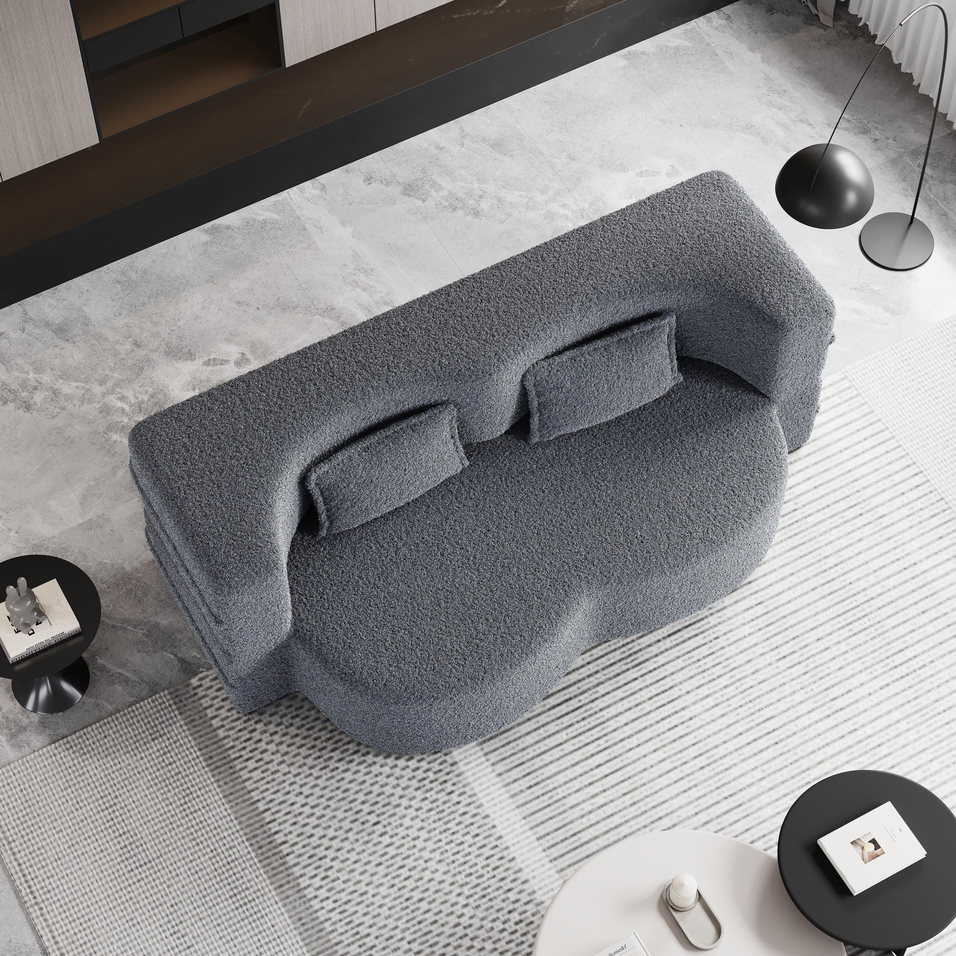 Grey 78 Convertible Teddy Fabric Loveseat Foam-Filled Floor Sofa Bed with 2 Pillows and Folding Mattress for Living Room