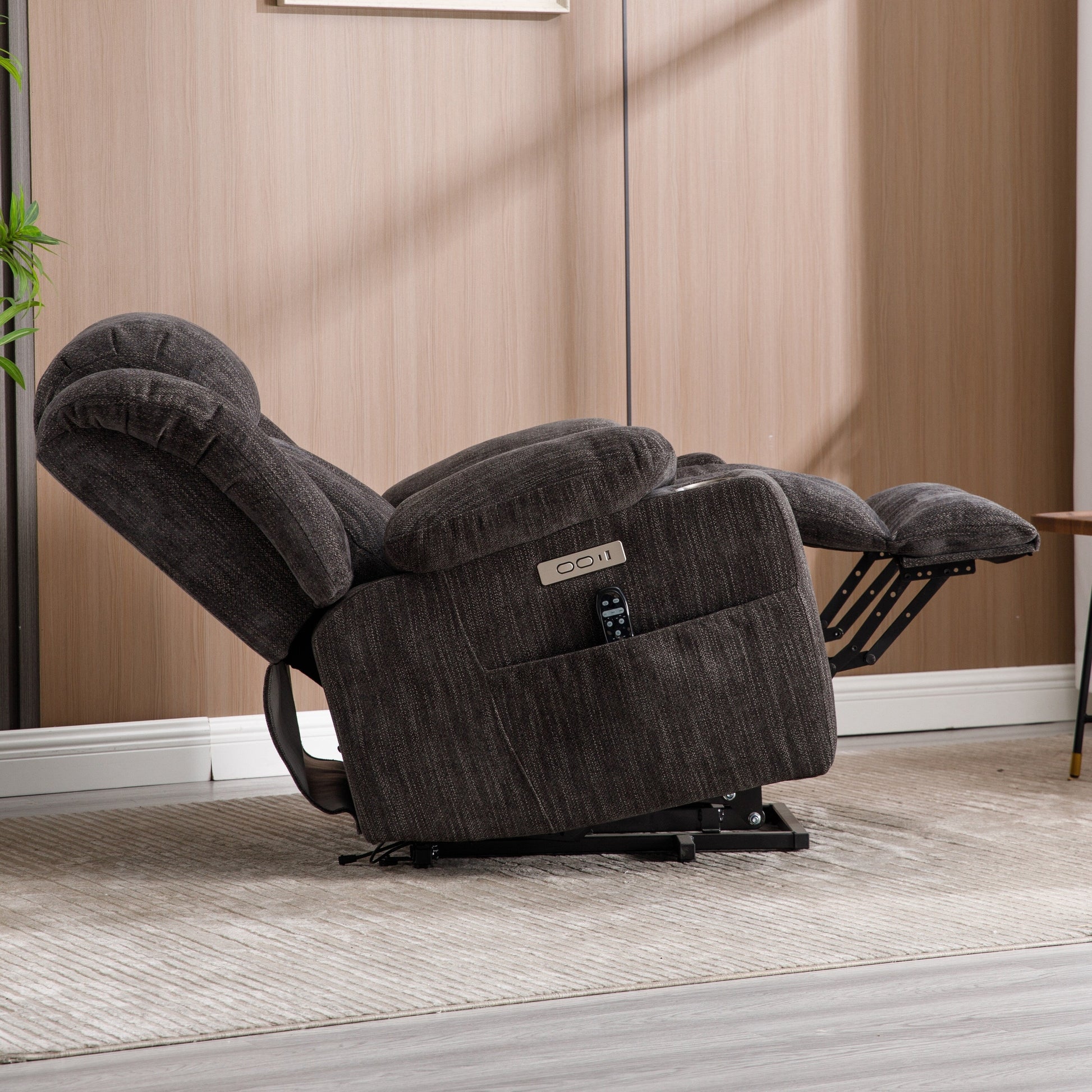 Grey Chenille Power Lift Recliner with Massage, Lumbar Heating, USB & Type-C Ports, and Stainless Steel Drink Holders