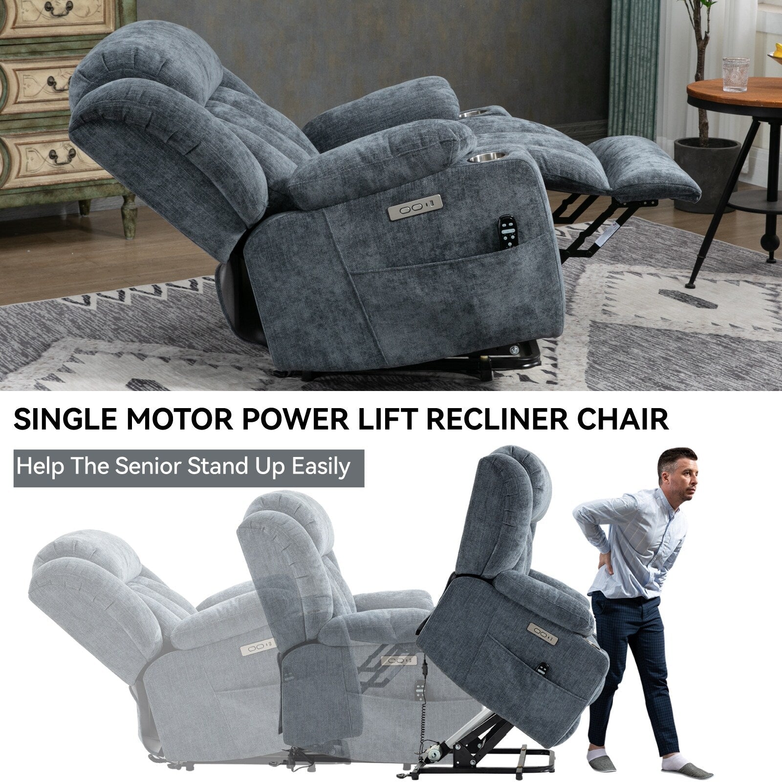 Grey Chenille Power Lift Recliner with Massage, Lumbar Heating, USB & Type-C Ports, and Stainless Steel Drink Holders