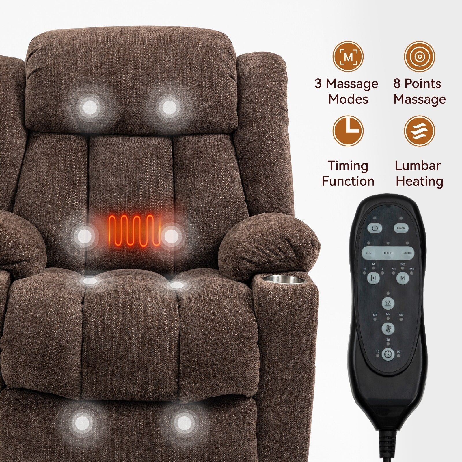 Grey Chenille Power Lift Recliner with Massage, Lumbar Heating, USB & Type-C Ports, and Stainless Steel Drink Holders