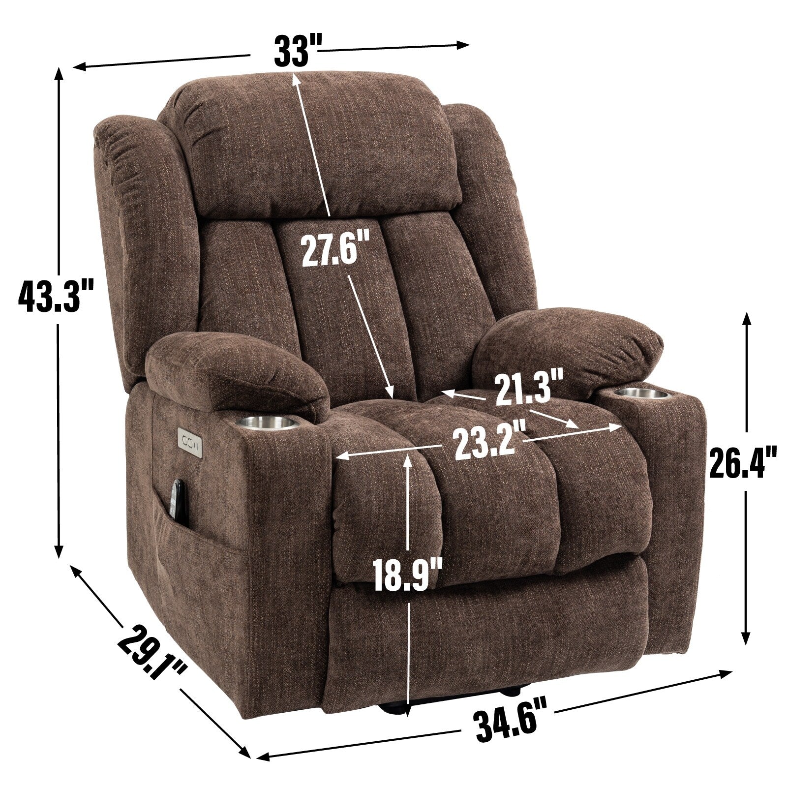 Grey Chenille Power Lift Recliner with Massage, Lumbar Heating, USB & Type-C Ports, and Stainless Steel Drink Holders