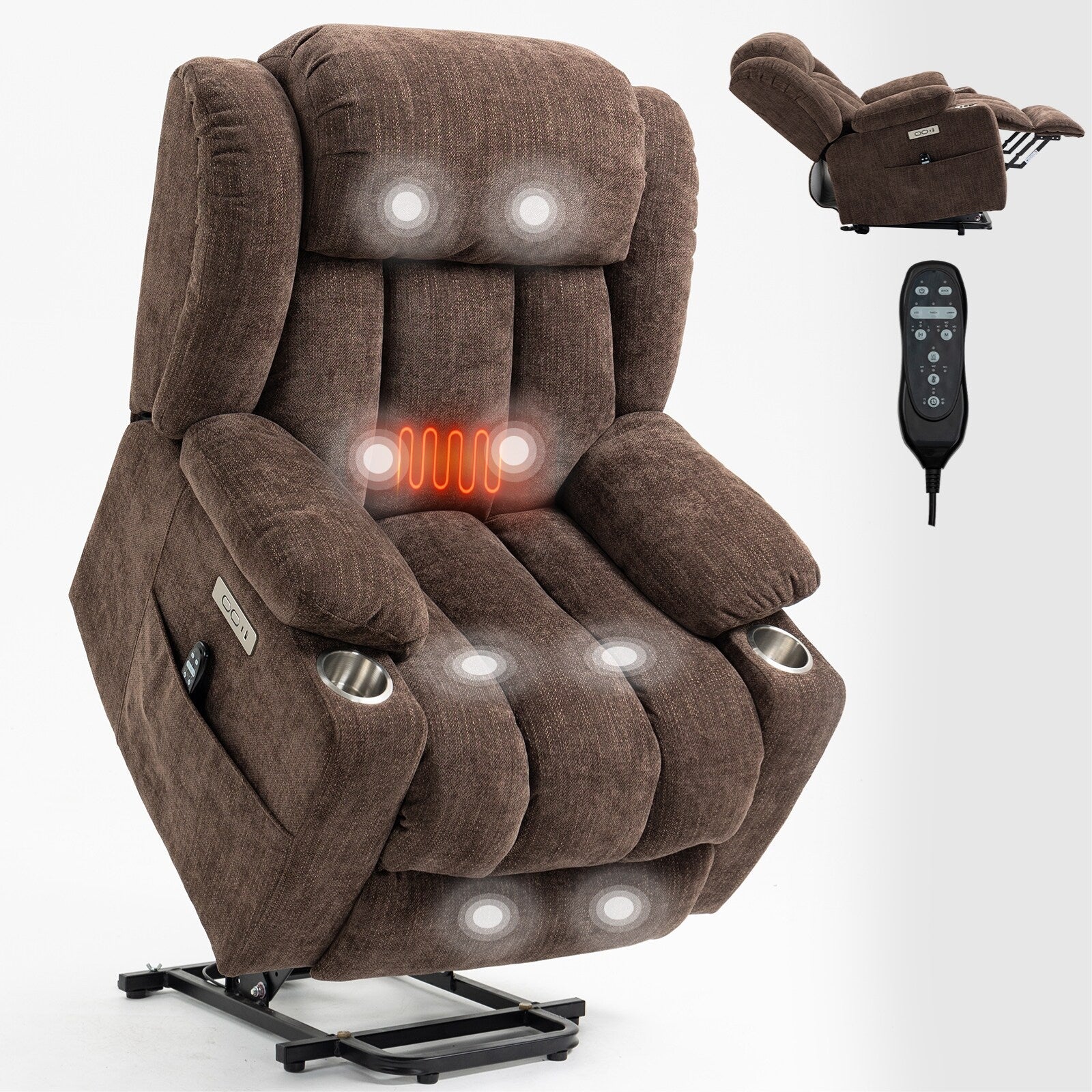 Grey Chenille Power Lift Recliner with Massage, Lumbar Heating, USB & Type-C Ports, and Stainless Steel Drink Holders
