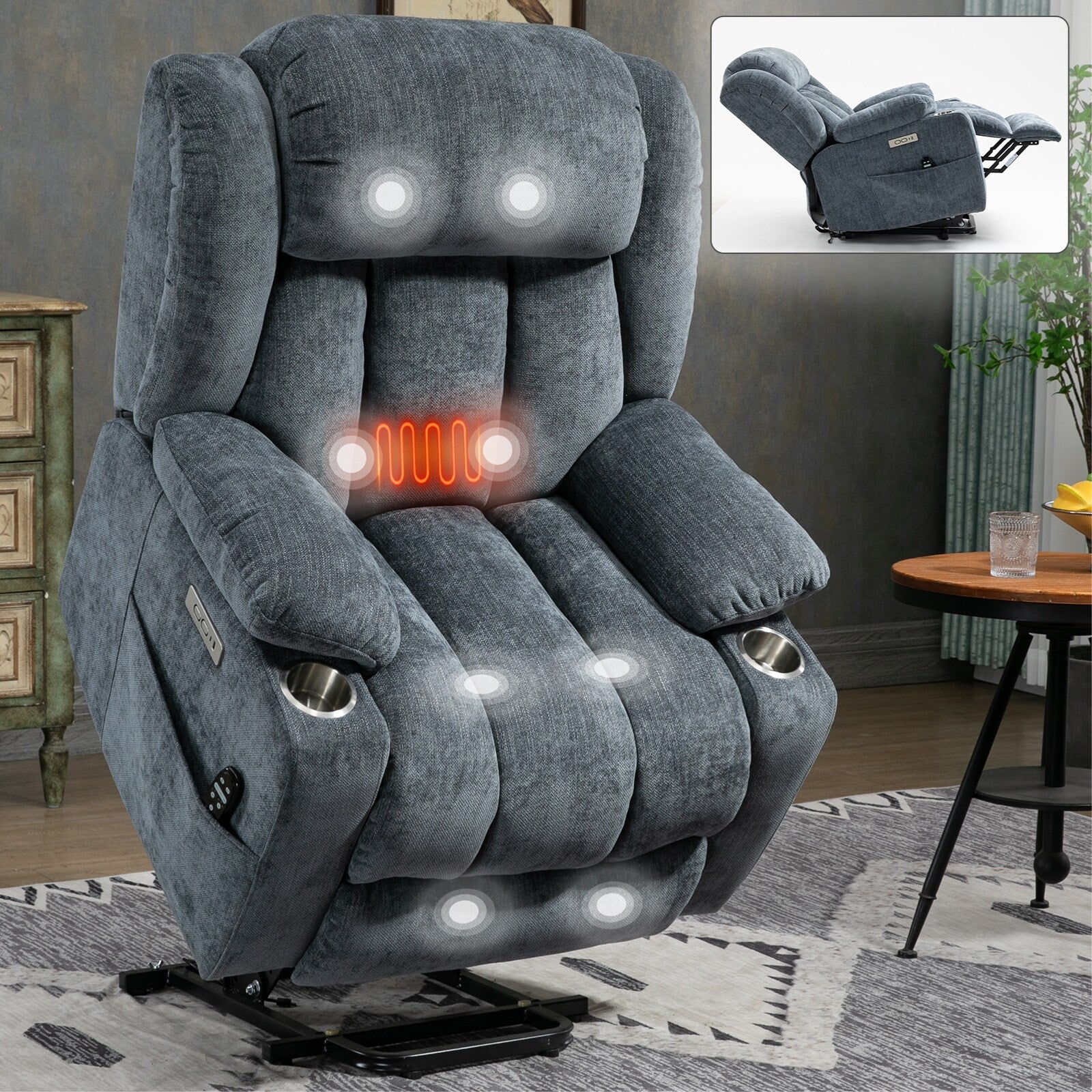Grey Chenille Power Lift Recliner with Massage, Lumbar Heating, USB & Type-C Ports, and Stainless Steel Drink Holders