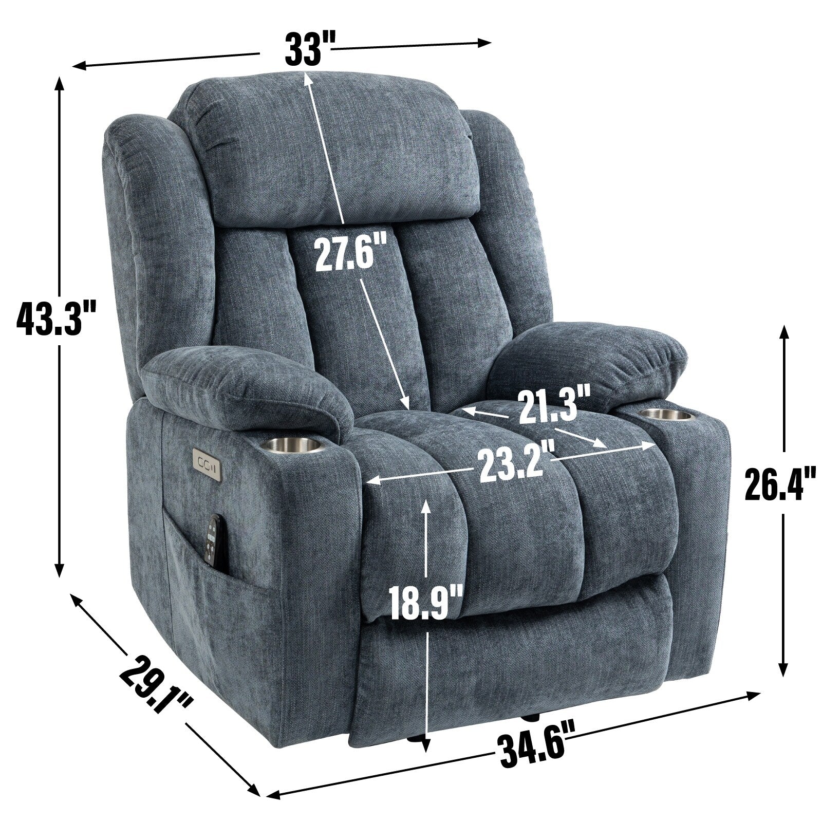 Grey Chenille Power Lift Recliner with Massage, Lumbar Heating, USB & Type-C Ports, and Stainless Steel Drink Holders