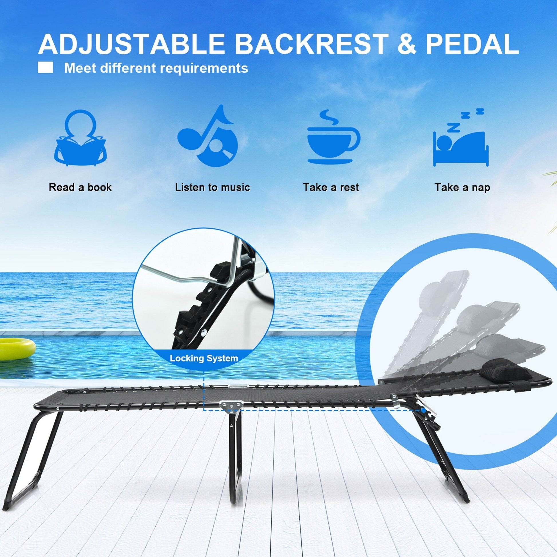 Gymax Folding Beach Lounger Chaise Lounge Chair w/ Pillow 4-Level