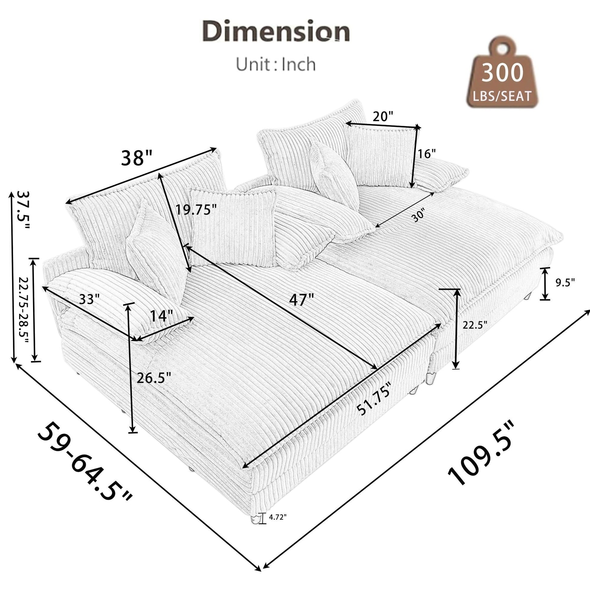 Harmonia 109 W Oversized Corduroy Sofa Bed, Deep Seat Double Lounge Chaise with 4 Pillows