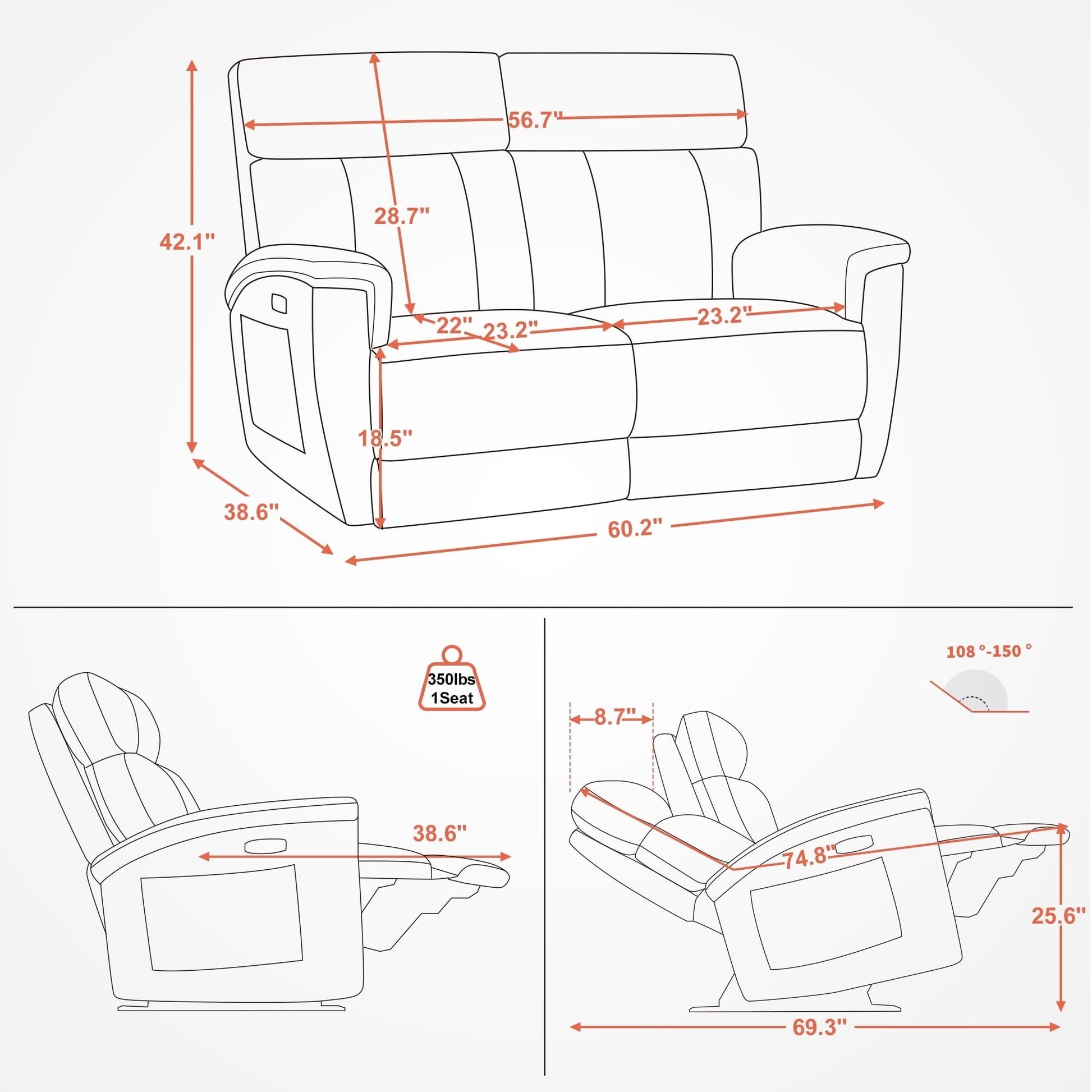 MCombo 60.2 Power Loveseat Recliner Sofa with Massage and Dual Heating, Adjustable Headrest, USB & Type C Port, Fabric