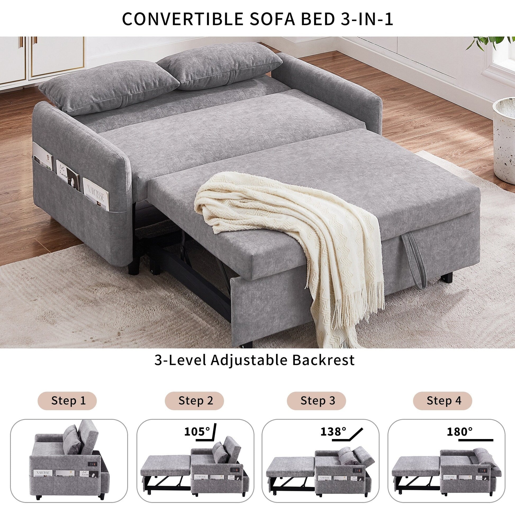 Modern 2 Seat Couch, Microfiber Pull Out Sleep Sofa Bed wih Adjsutable Backrest, Storage Pockets, 2 Soft Pillows, USB Ports