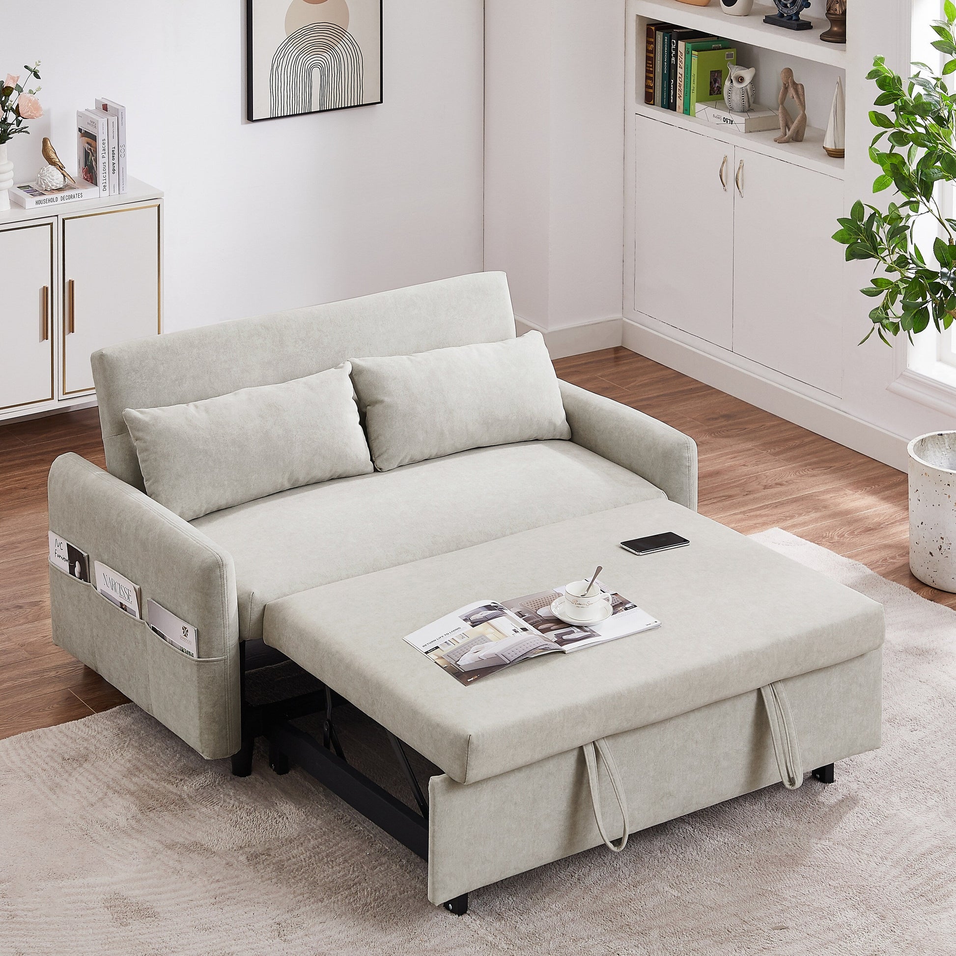 Modern 2 Seat Couch, Microfiber Pull Out Sleep Sofa Bed wih Adjsutable Backrest, Storage Pockets, 2 Soft Pillows, USB Ports