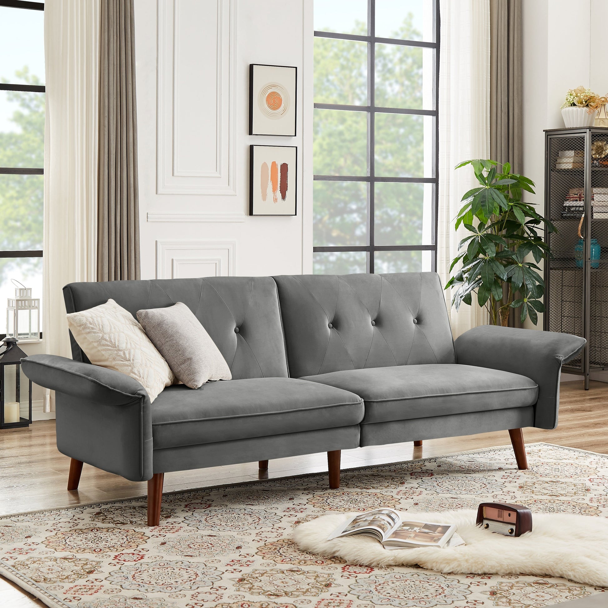 Modern Futon Sofa Bed, Convertible Sleeper Sofa with Tapered Wood Legs, 78.35 W, Small Split Back Sofa for Living Room