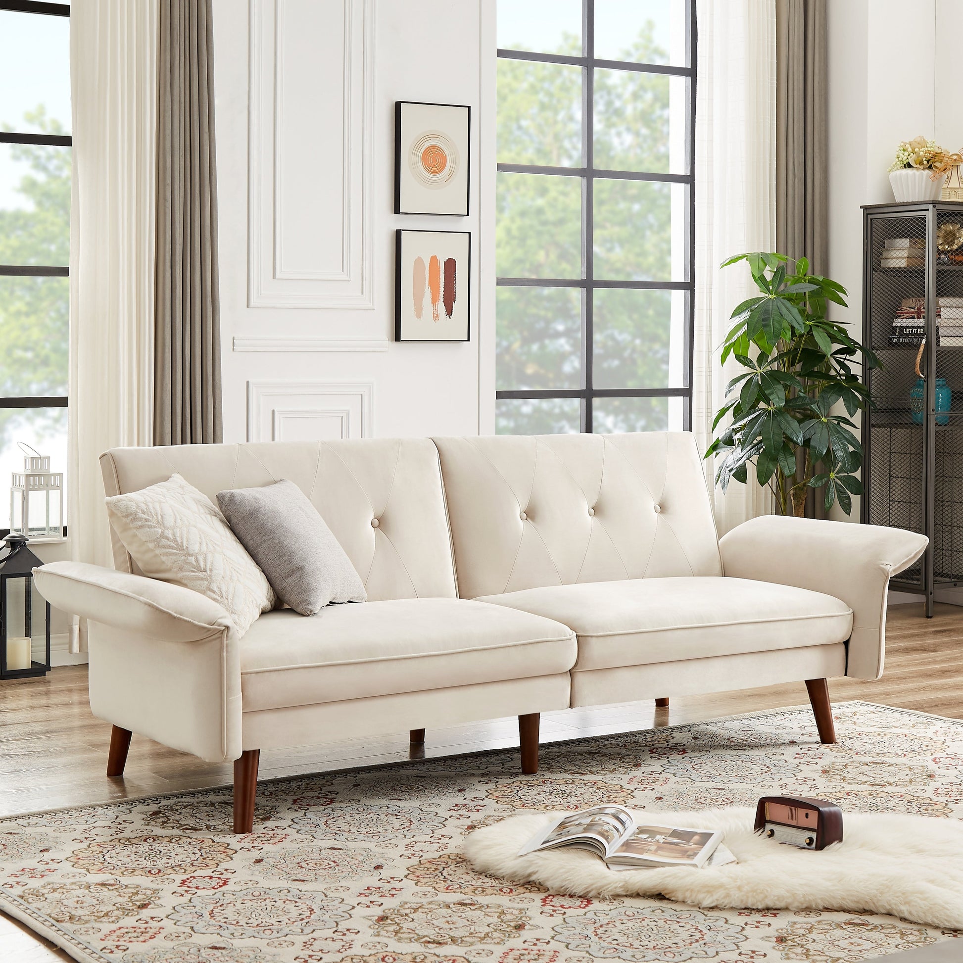 Modern Futon Sofa Bed, Convertible Sleeper Sofa with Tapered Wood Legs, 78.35 W, Small Split Back Sofa for Living Room