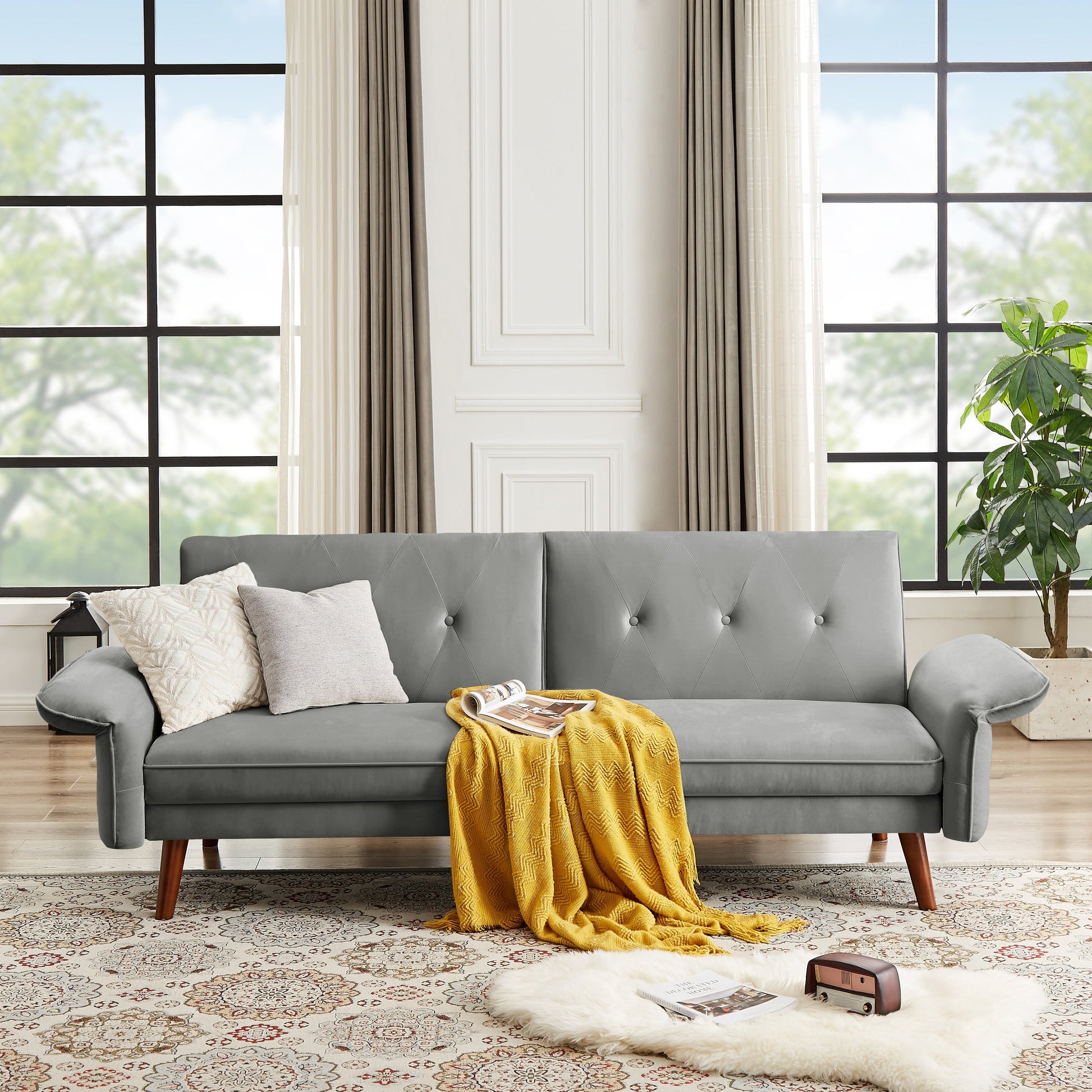 Modern Futon Sofa Bed, Convertible Sleeper Sofa with Tapered Wood Legs, 78.35 W, Small Split Back Sofa for Living Room