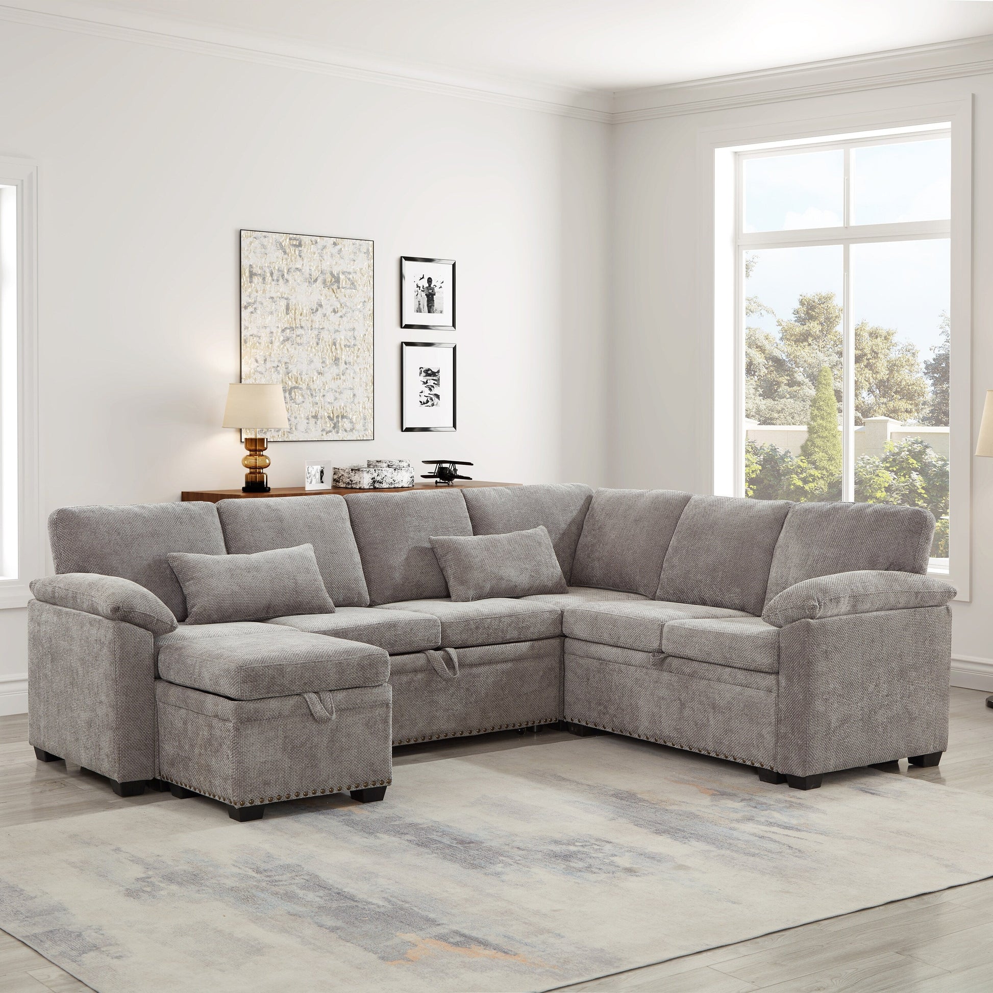 Modern L-Shaped Chenille Sectional Sofa with Pull-Out Sleeper, Storage Seats, Ottoman and 2 Pillows for Living Room