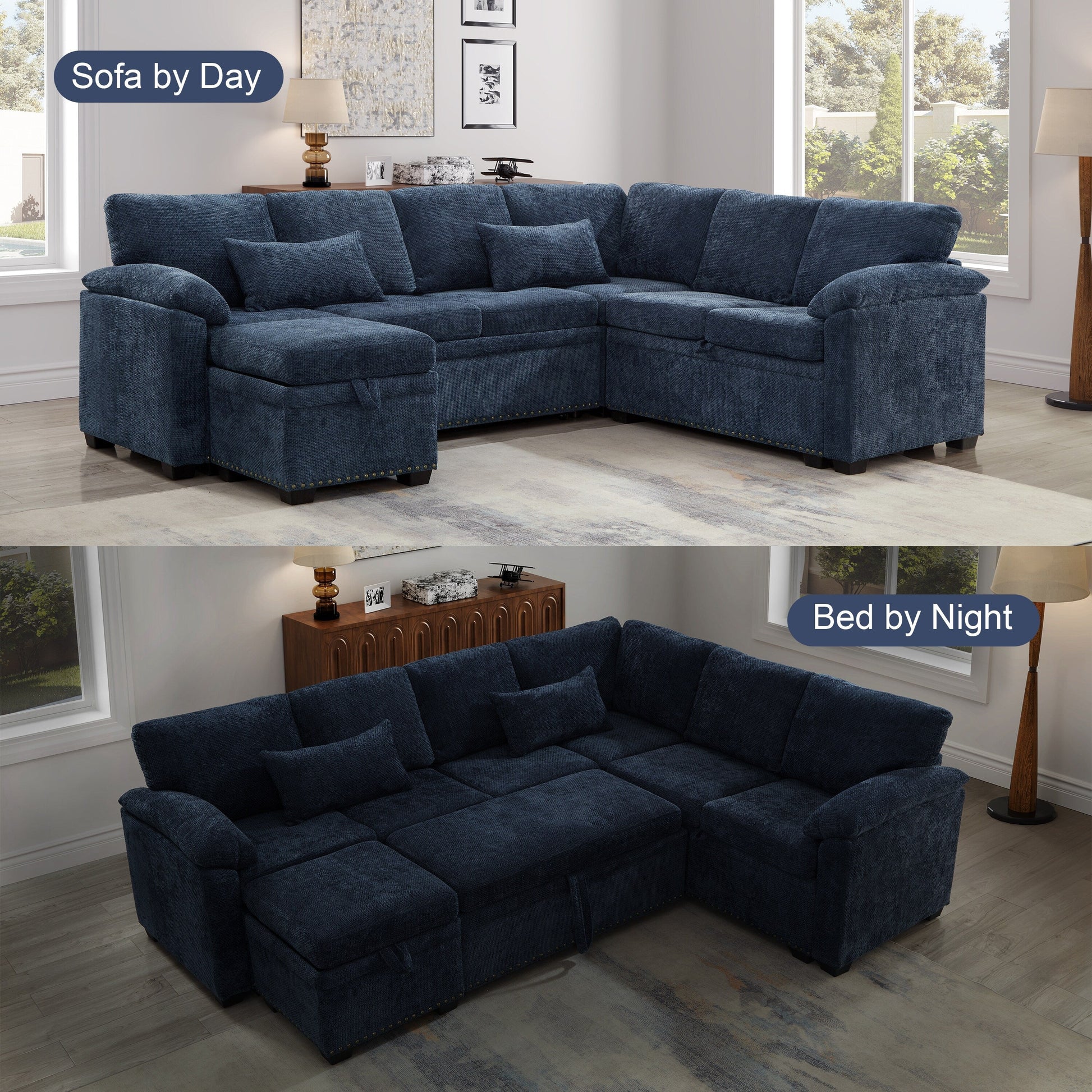 Modern L-Shaped Chenille Sectional Sofa with Pull-Out Sleeper, Storage Seats, Ottoman and 2 Pillows for Living Room