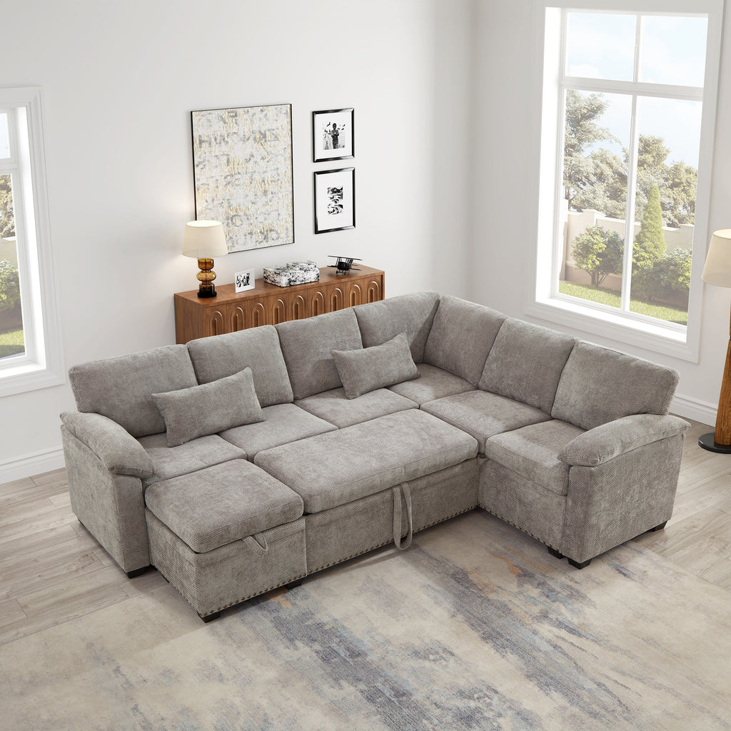 Modern L-Shaped Chenille Sectional Sofa with Pull-Out Sleeper, Storage Seats, Ottoman and 2 Pillows for Living Room