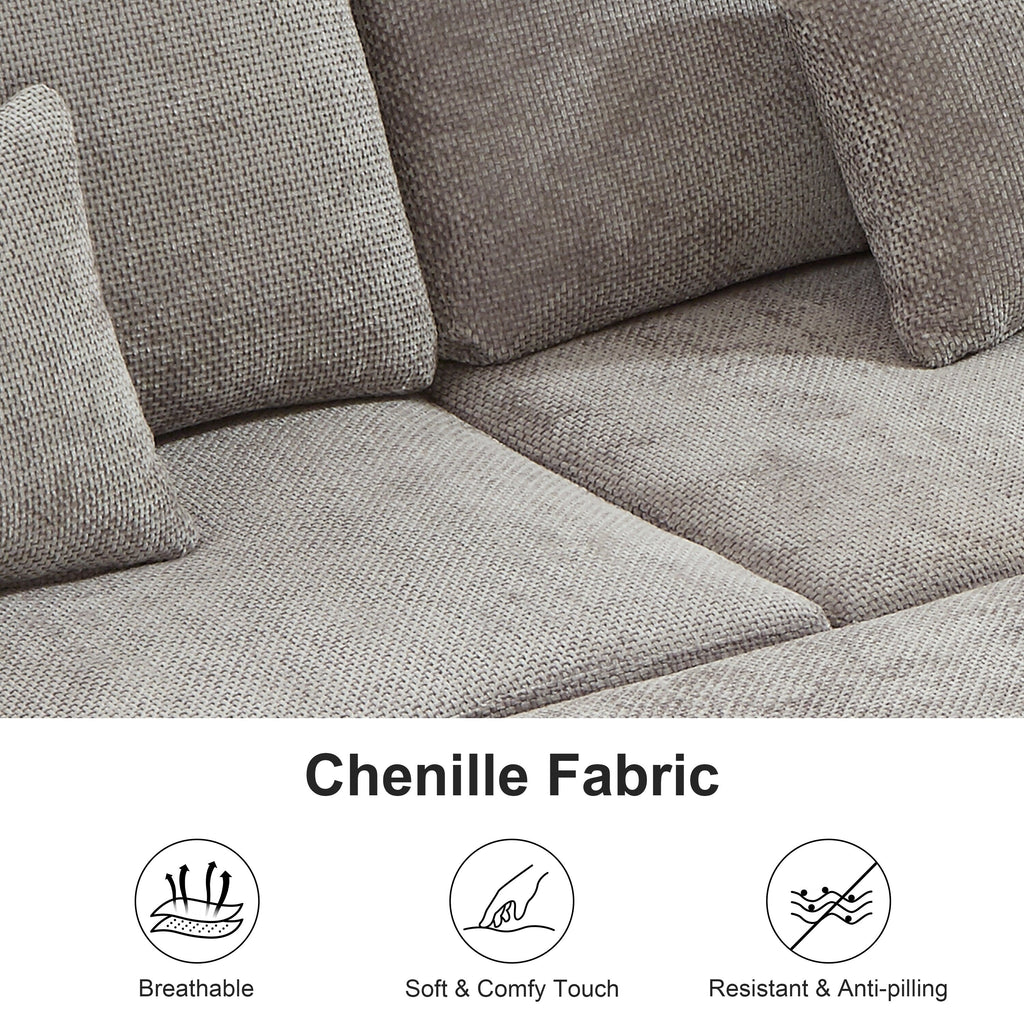 Modern L-Shaped Chenille Sectional Sofa with Pull-Out Sleeper, Storage Seats, Ottoman and 2 Pillows for Living Room