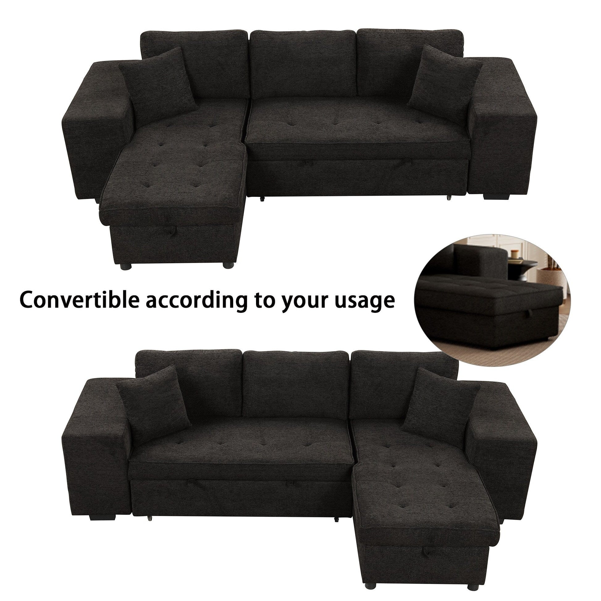 Modern L-Shaped Pull-Out Sectional Sofa Bed with Reversible Chaise, Storage and 2 Stools for Living Room Apartment
