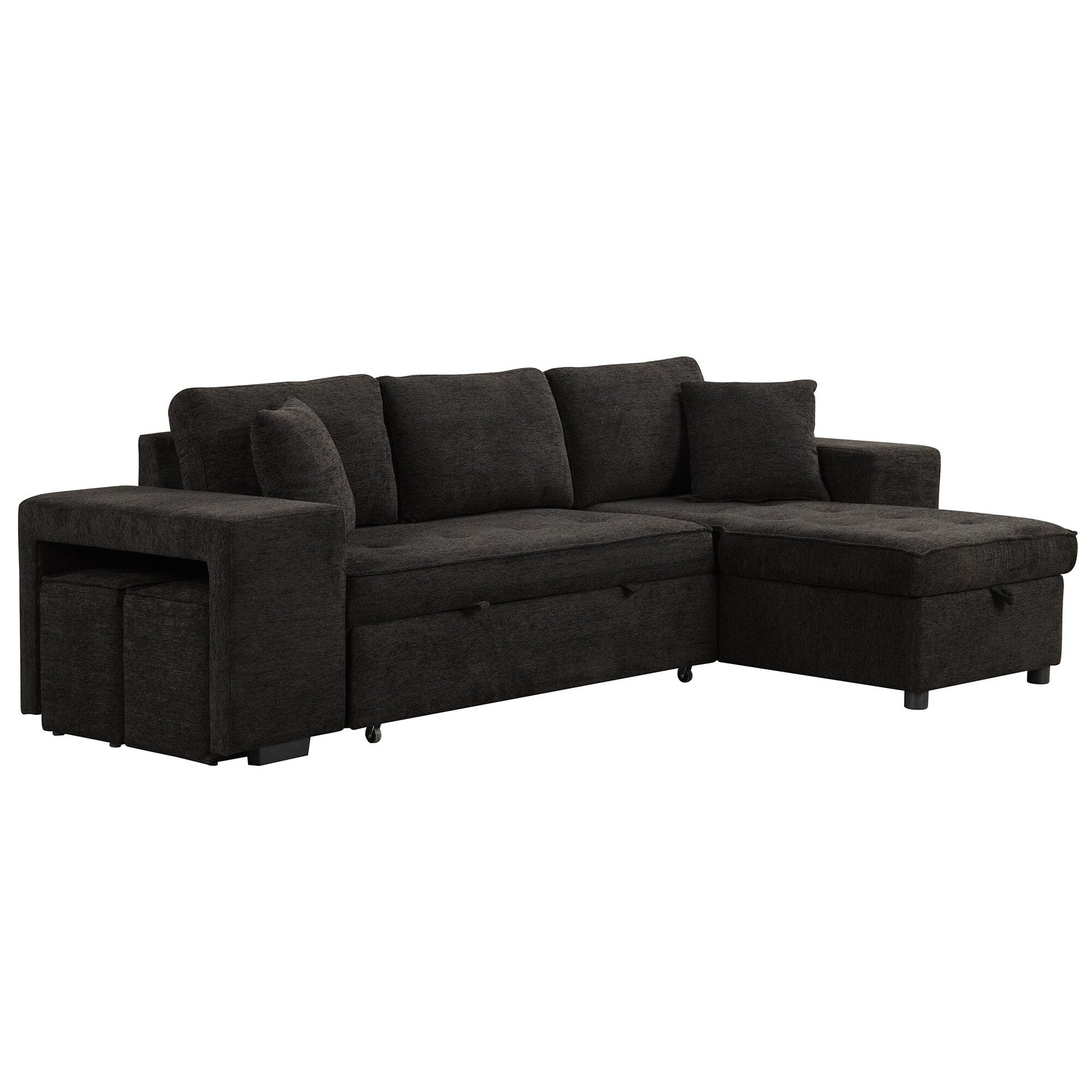 Modern L-Shaped Pull-Out Sectional Sofa Bed with Reversible Chaise, Storage and 2 Stools for Living Room Apartment