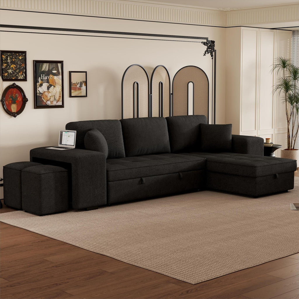Modern L-Shaped Pull-Out Sectional Sofa Bed with Reversible Chaise, Storage and 2 Stools for Living Room Apartment