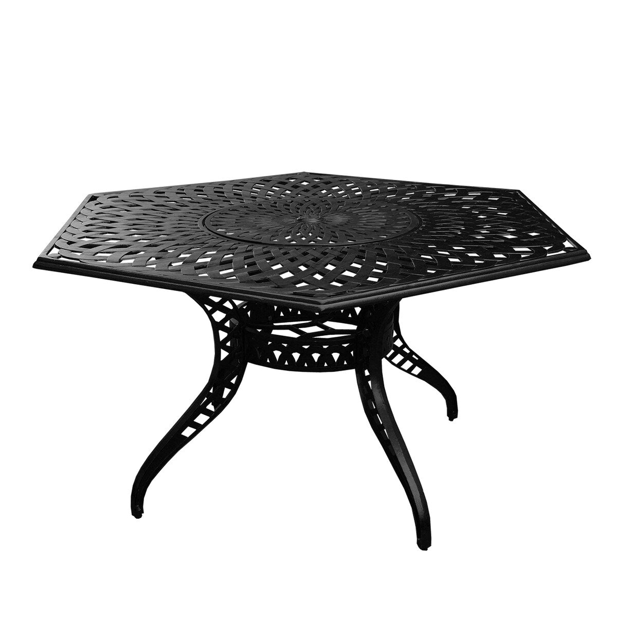 Modern Ornate Outdoor Mesh Aluminum 63-in Large Hexagon Patio Dining Set with Lazy Susan and Six Chairs - N/A