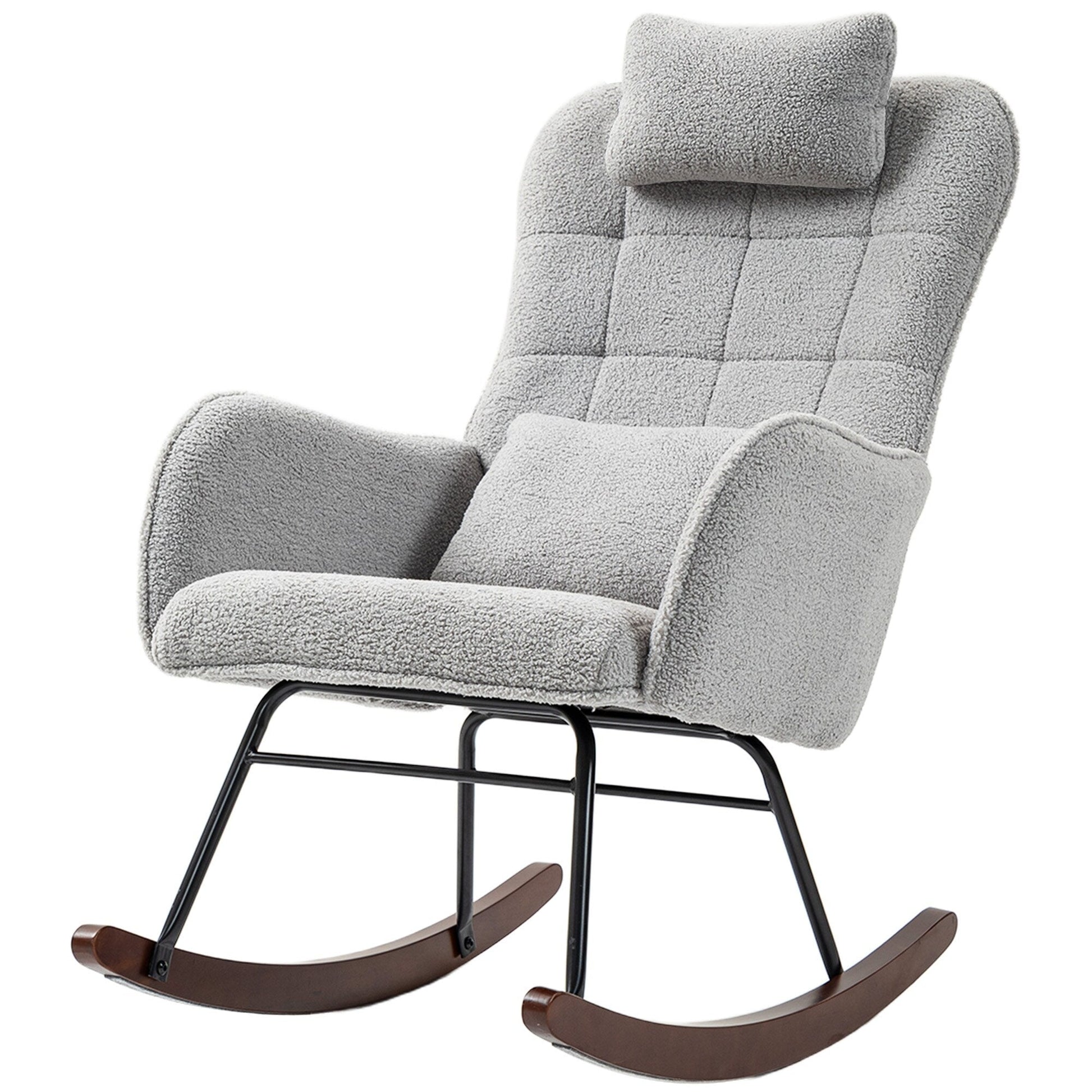 Modern Upholstered Rocking Nursery Glider Chair with High Backrest, Headrest and Lumbar Pillow for Living Room or Bedroom