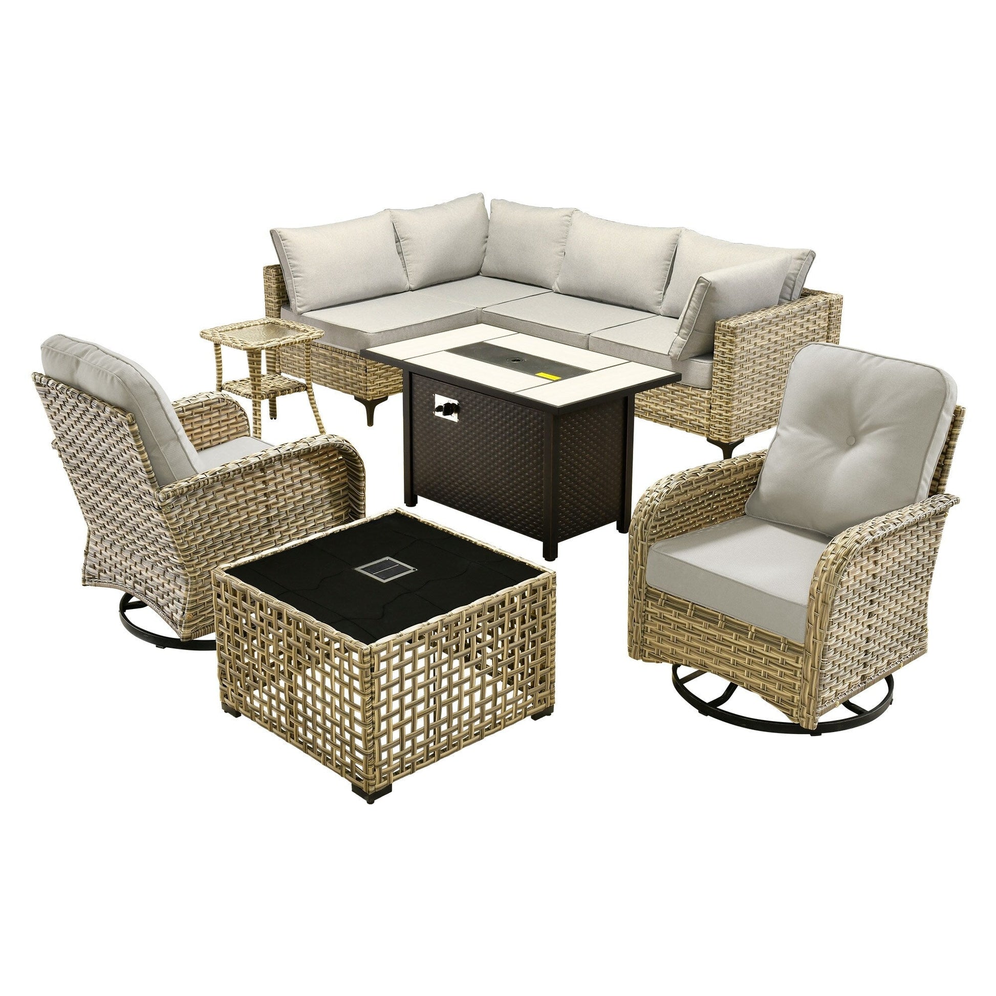 OVIOS 9 Pieces Outdoor Wicker Swivel Chair Set With Fire Table