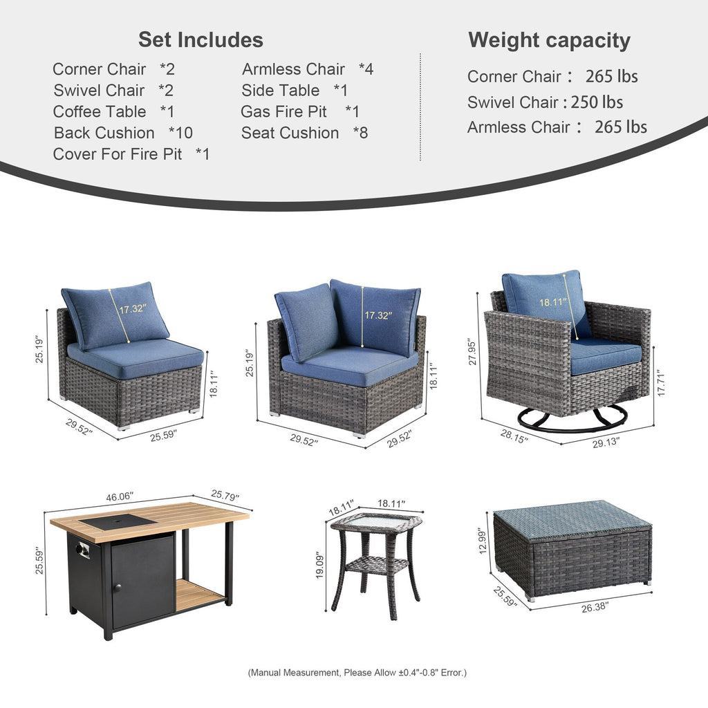 OVIOS Deep Seat Wicker 11-piece Sectional Set Swivel Chairs Fire Pit