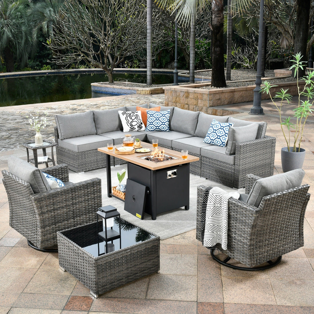 OVIOS Deep Seat Wicker 11-piece Sectional Set Swivel Chairs Fire Pit