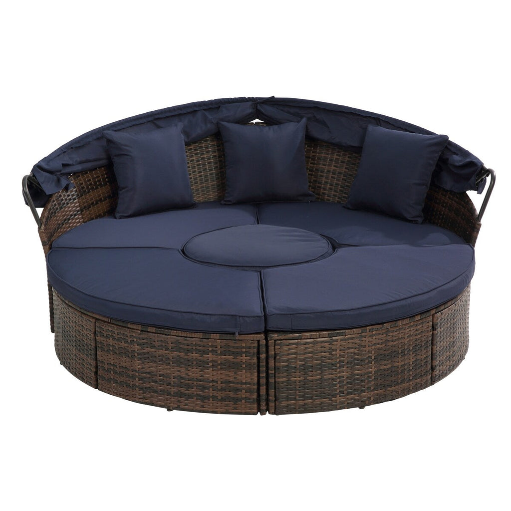 Outdoor Rattan Round Canopy Daybed with Lift Coffee Table, Navy Blue Deep Seating Sofa Bed with Pillows and Washable Cushions