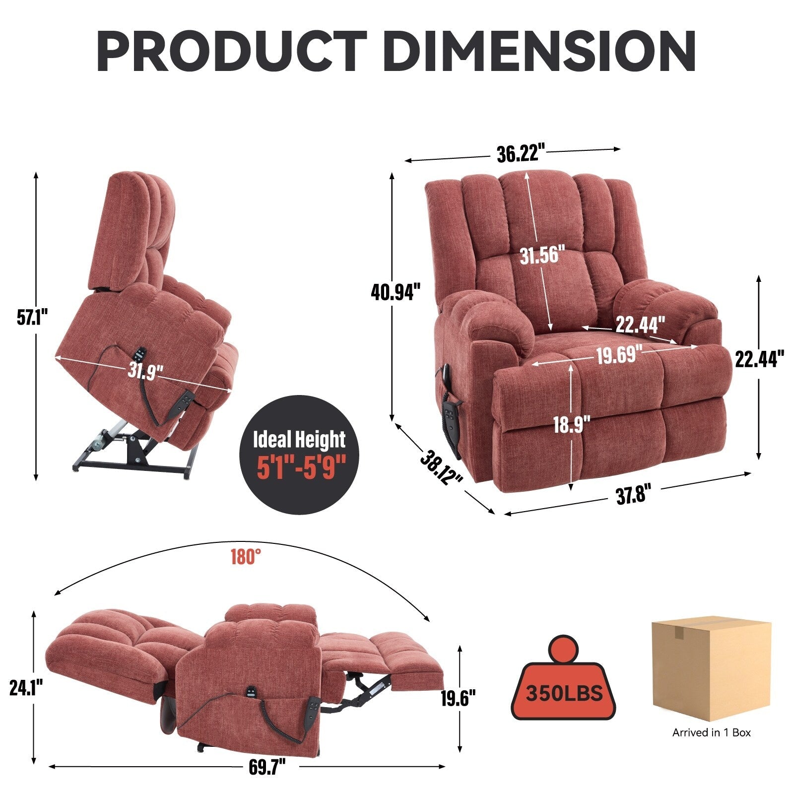 Oversized Chenille Power Lift Recliner Chair with Massage and Lumbar Heating, Infinite Position Reclining
