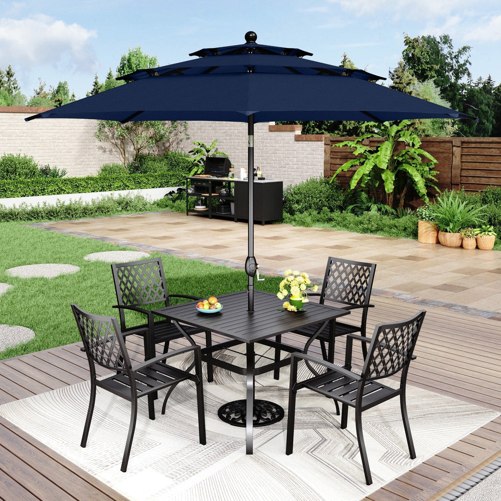 MAISON ARTS 6-Piece Patio Dining Set with 10ft 3 Tier Auto-tilt Umbrella: 4 Metal Outdoor Chairs 1 Metal Square Dining Table