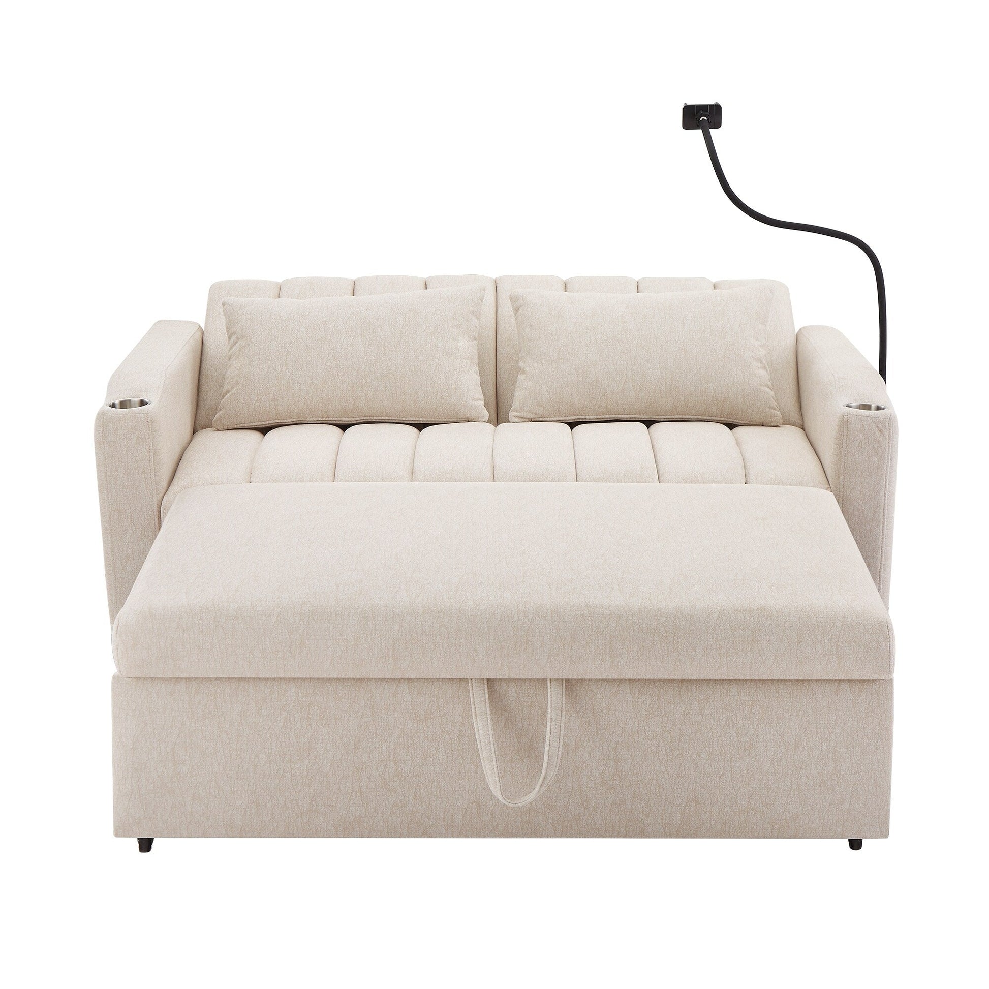 Roomfitters Convertible Loveseat Sofa Bed with USB Ports, Side Pockets, Cup Holders, and Swivel Phone Holder for Living Room