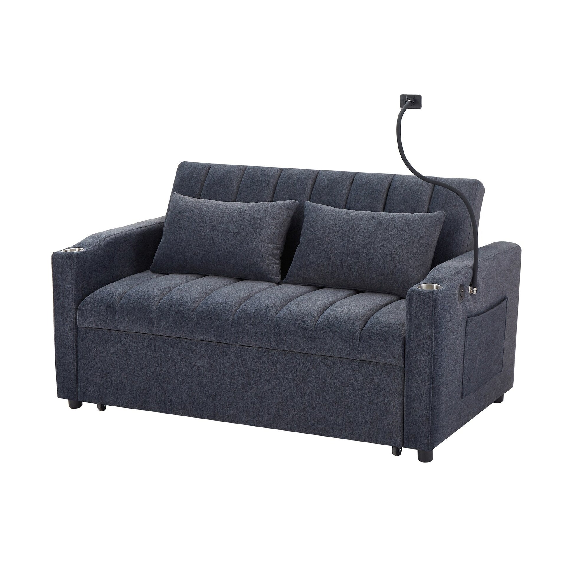 Roomfitters Convertible Loveseat Sofa Bed with USB Ports, Side Pockets, Cup Holders, and Swivel Phone Holder for Living Room